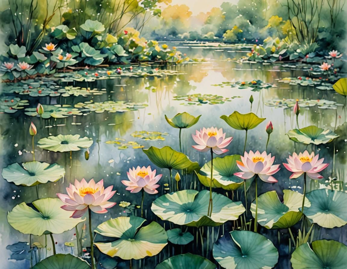 Impressionist Watercolor Painting of a Lotus Garden