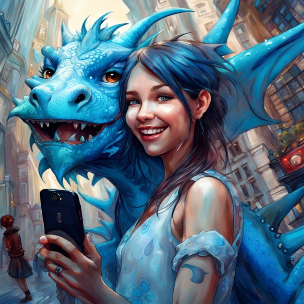 Girl and Dragon Selfie in Fantasy City