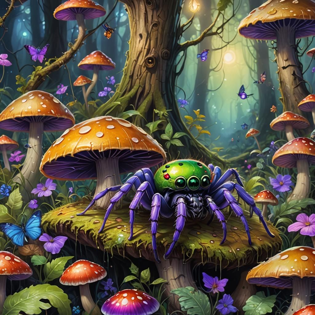 Cute Spider on Mushroom in Enchanted Forest