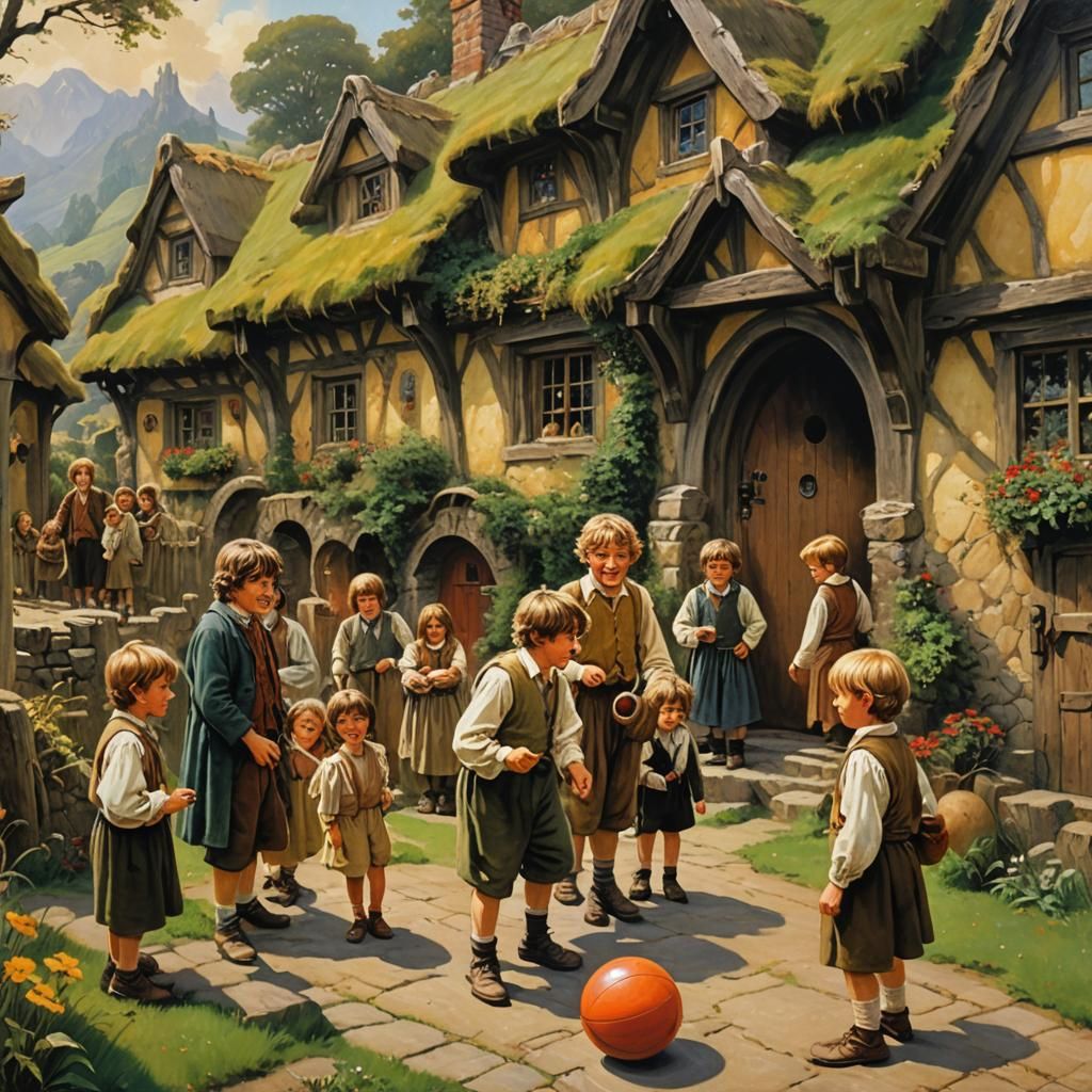 Children Playing in Hobbit Village: Vintage Oil Painting