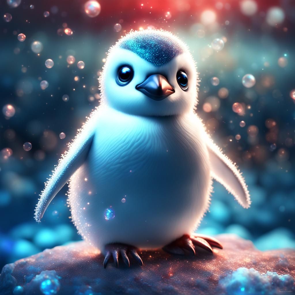 an epic bioluminescence baby white penguin made of crystal glass, underwater, gorgeous eyes, glitter, deep depth of fiel...