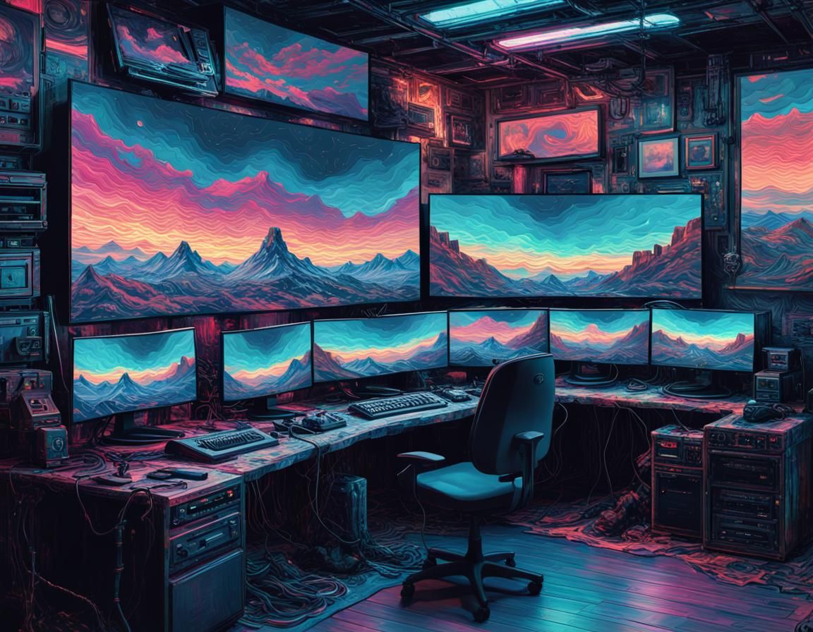 Astral Cyberpunk Gaming Setup in Digital Art Style