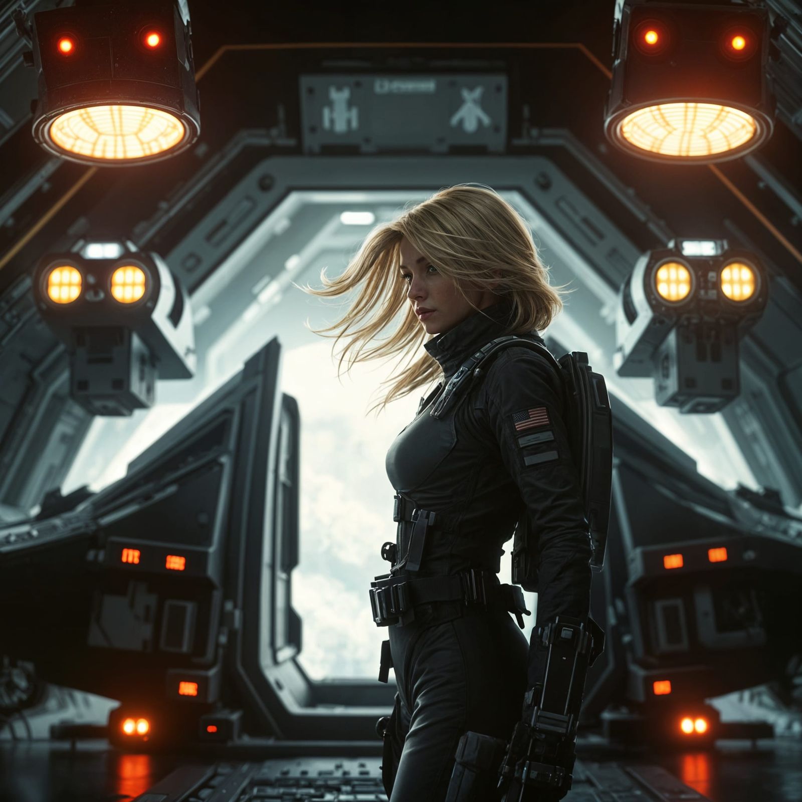 Lone Pilot Silhouetted in Hangar: Sci-Fi Art