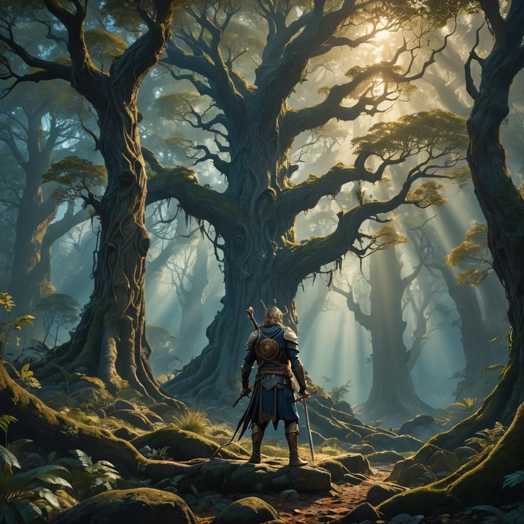 Brave Warrior in Mystical Forest Concept Art