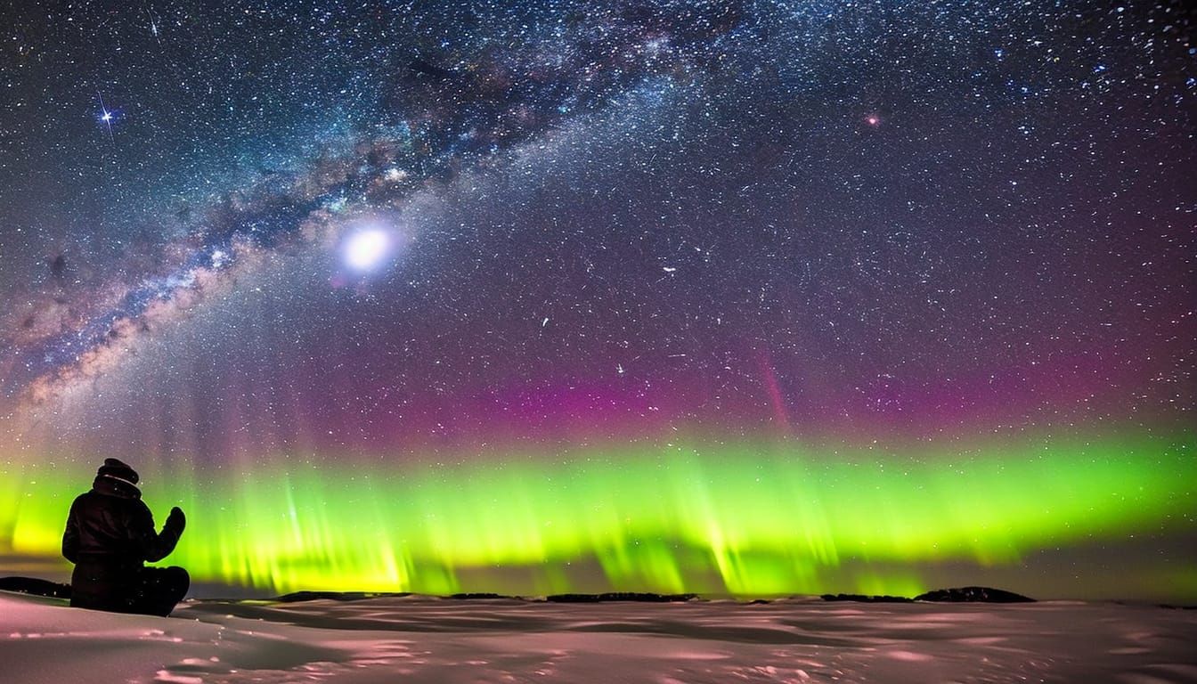 Magical Night Sky with Northern Lights and Moon