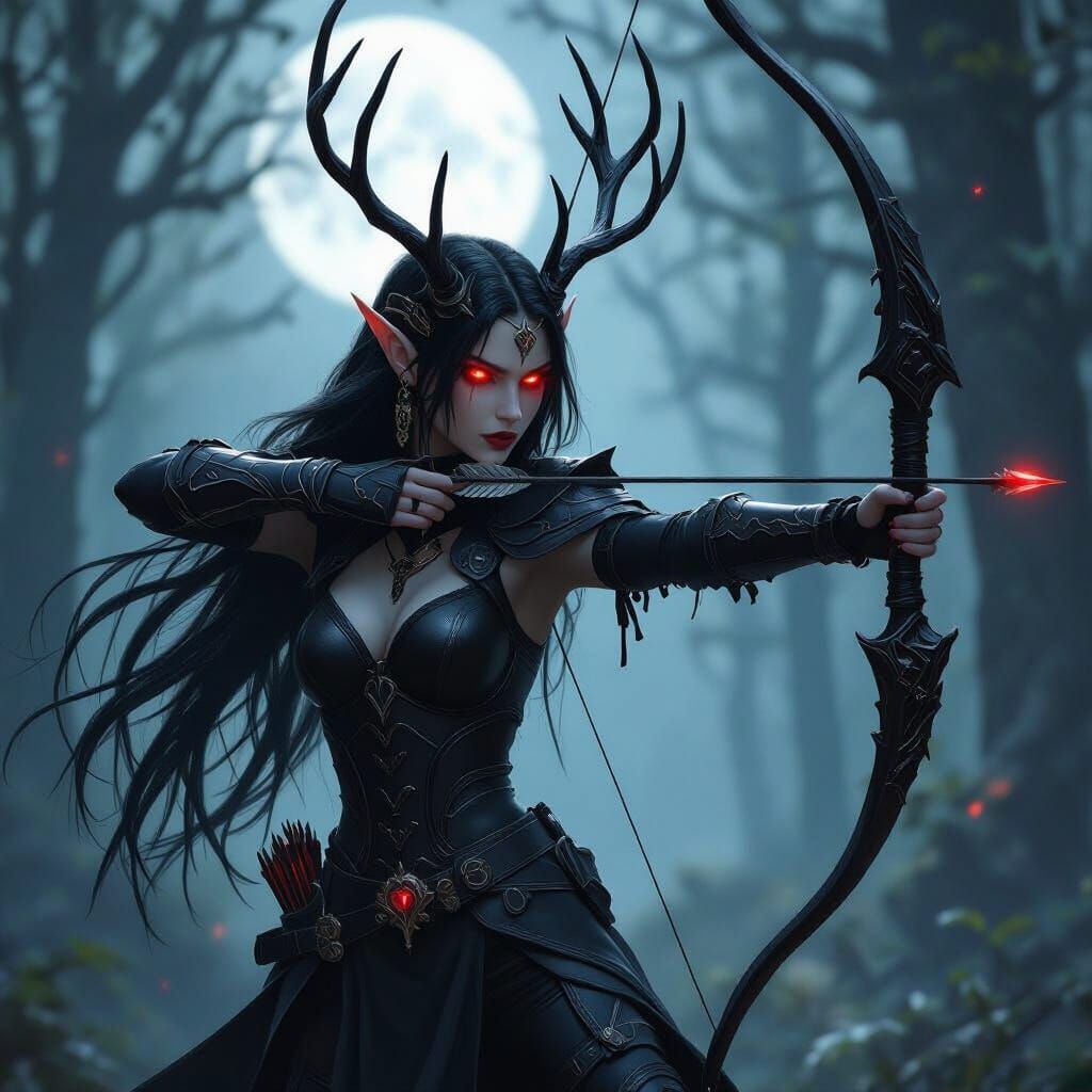 Goth Elf Huntress in Moonlit Forest