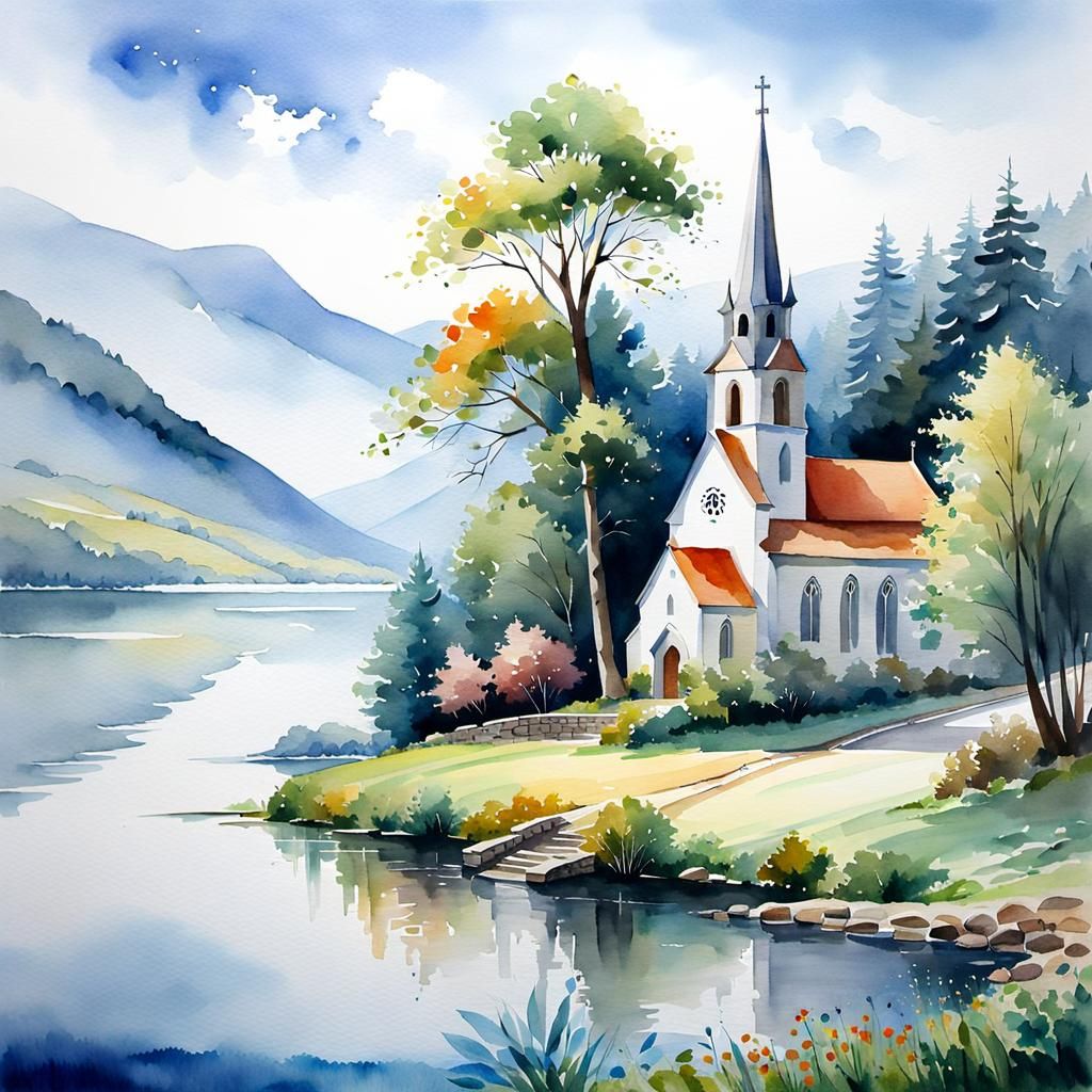 Watercolor Church Beside Lake in Romantic Landscape