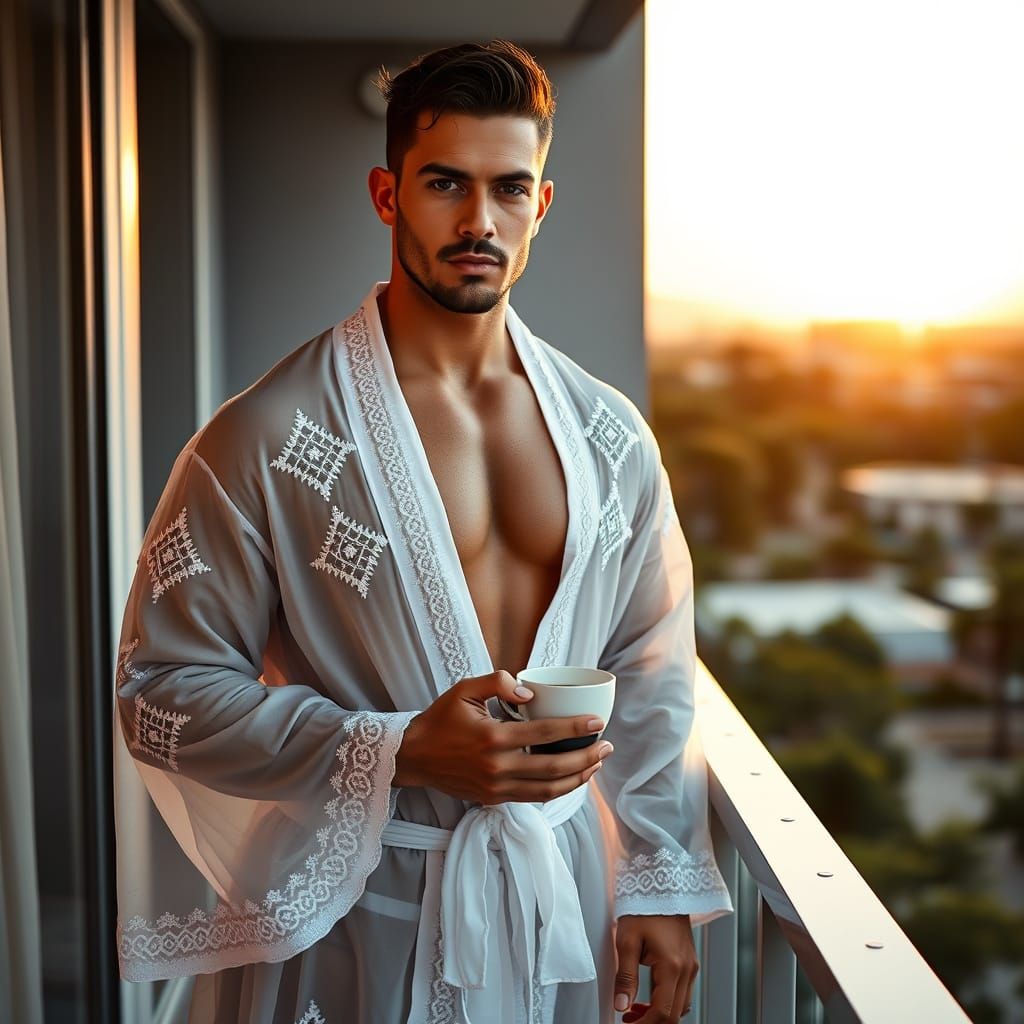 Muscular Man on Balcony at Sunrise in Photorealistic Style