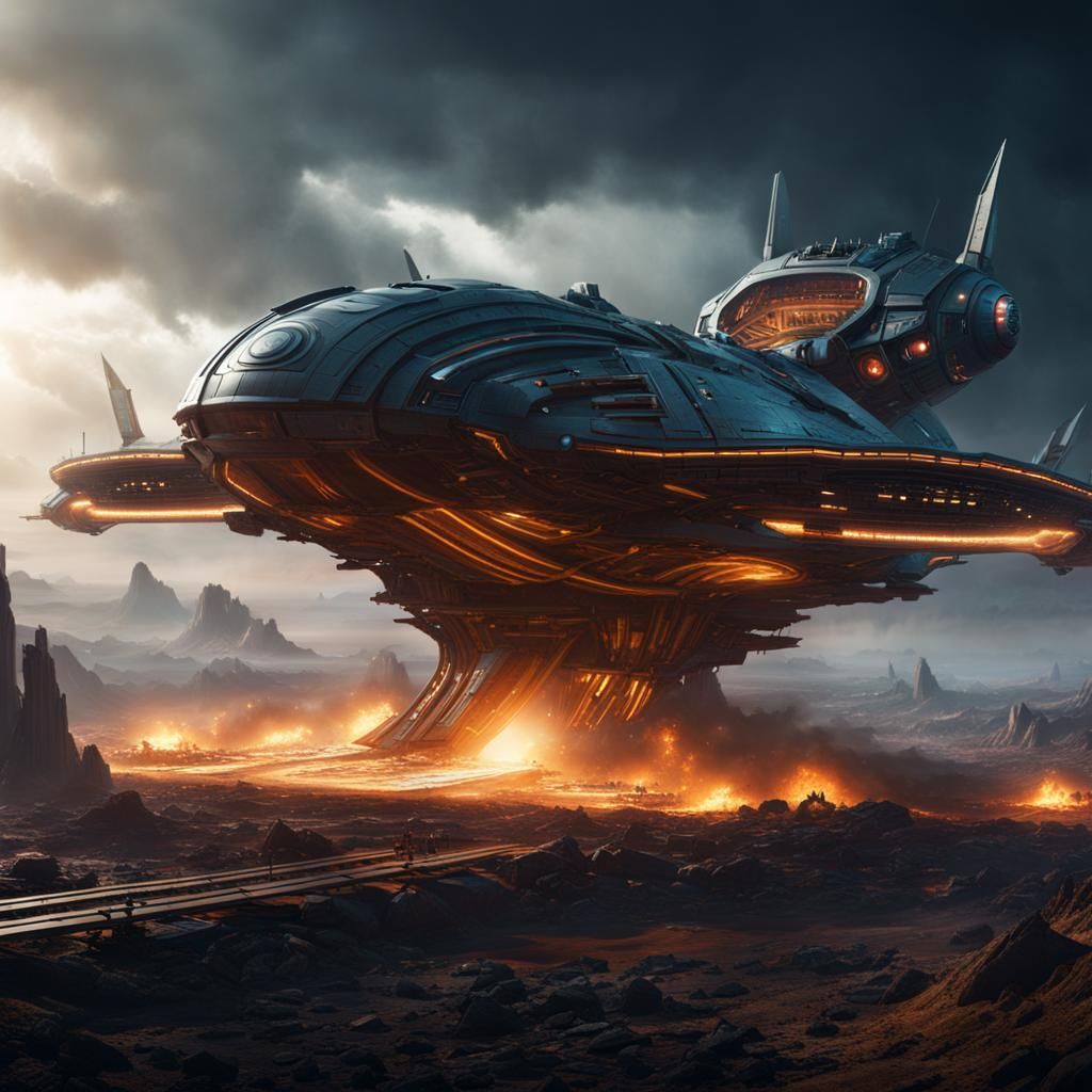 Apocalyptic Spaceship Launch on Battlefield, Detailed Matte ...