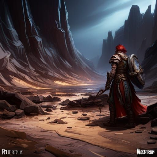 Dark Fantasy Warrior in Desolate Landscape