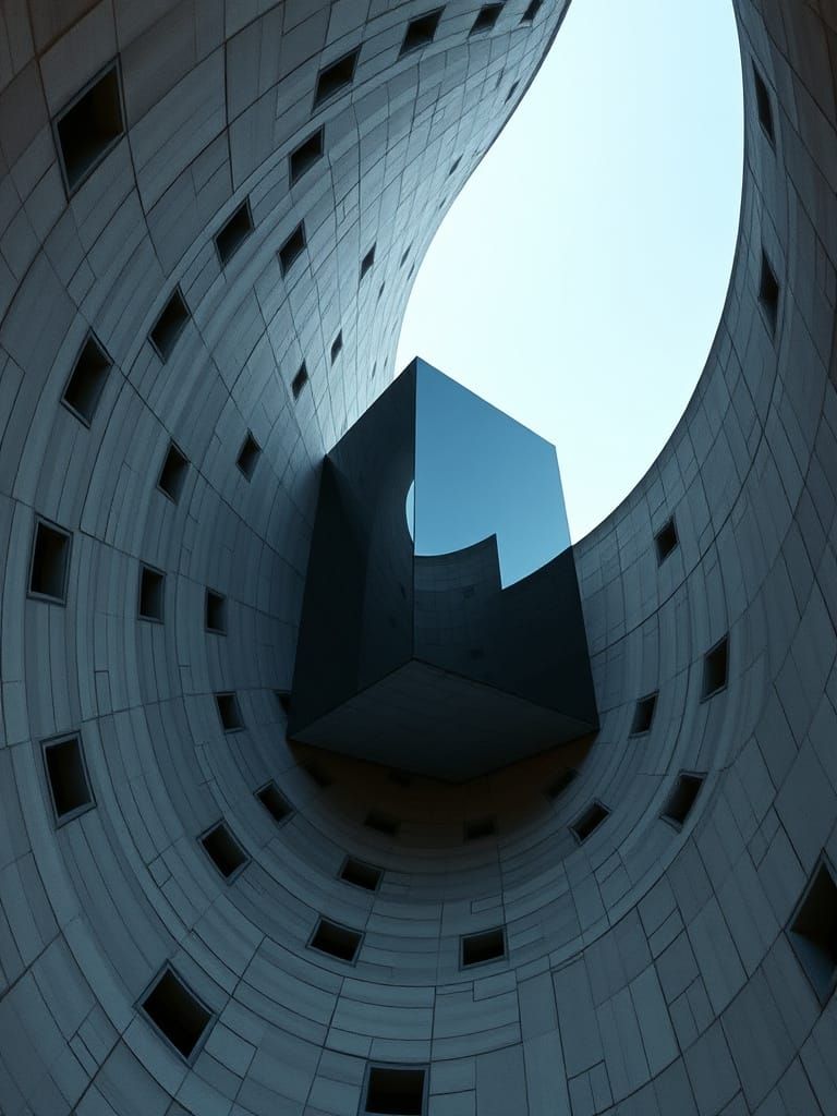 Brutalist Spiral Tower with Abstract Reflections