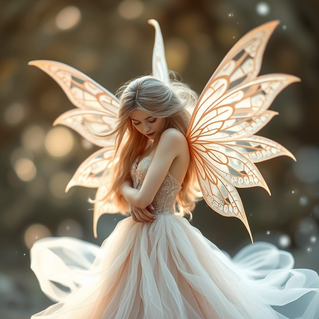 Ethereal Fairy with Sculptural Wings in Dreamy Setting