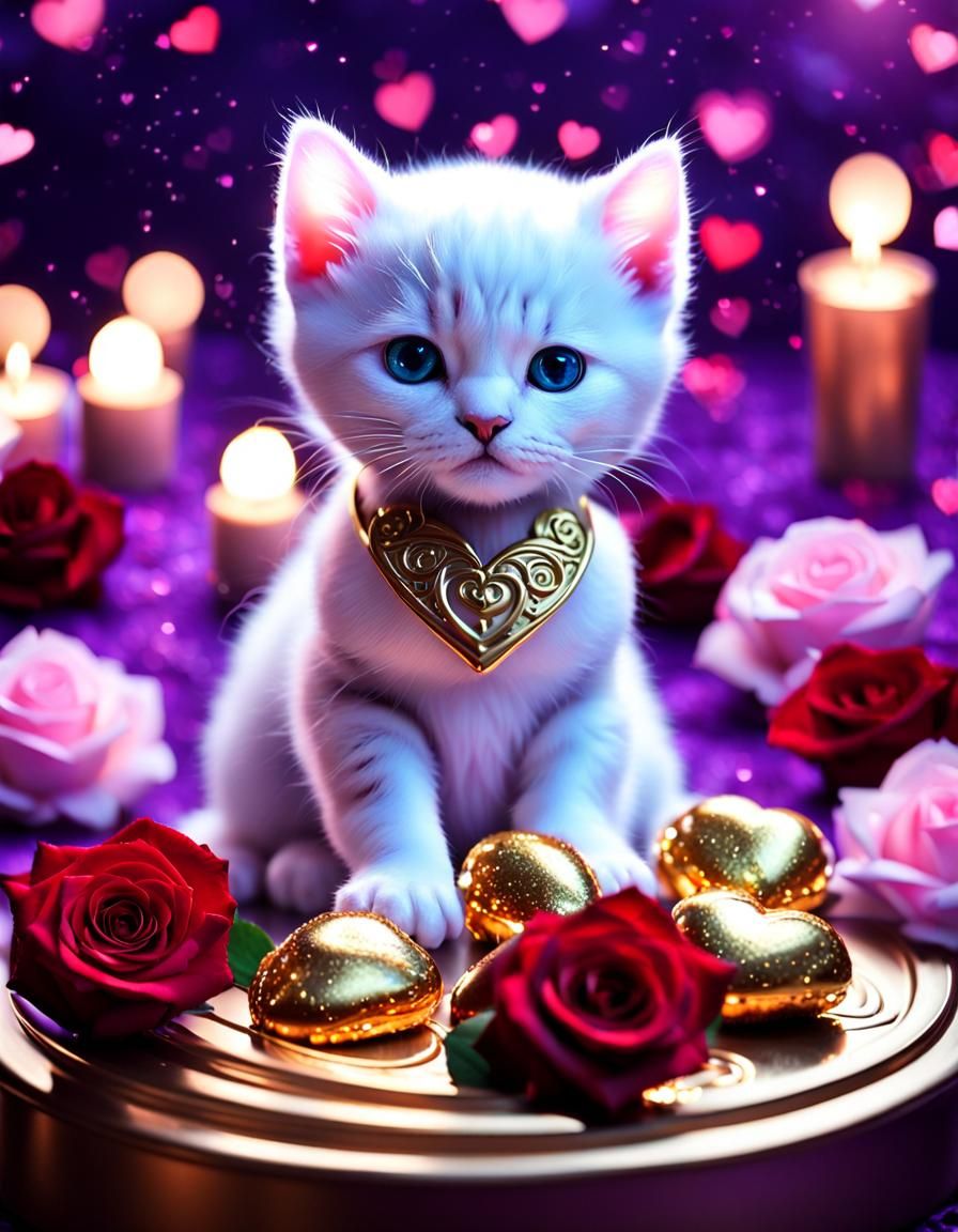 Cute White Cat with Roses and Chocolates