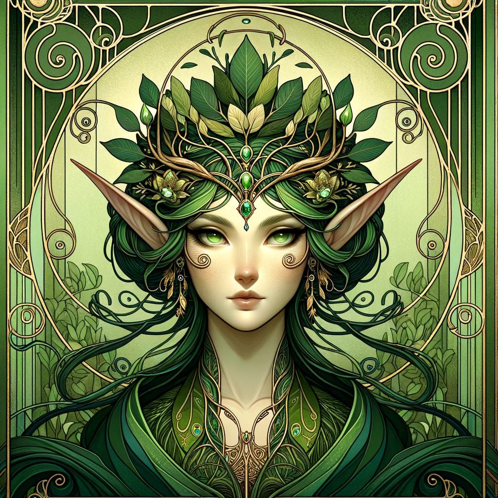 Art Nouveau Wood Elf Queen Portrait in Green Tones
