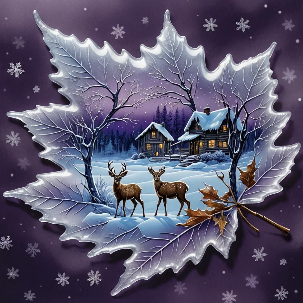 Frozen Winter Leaf with Deer in Expressionist Style