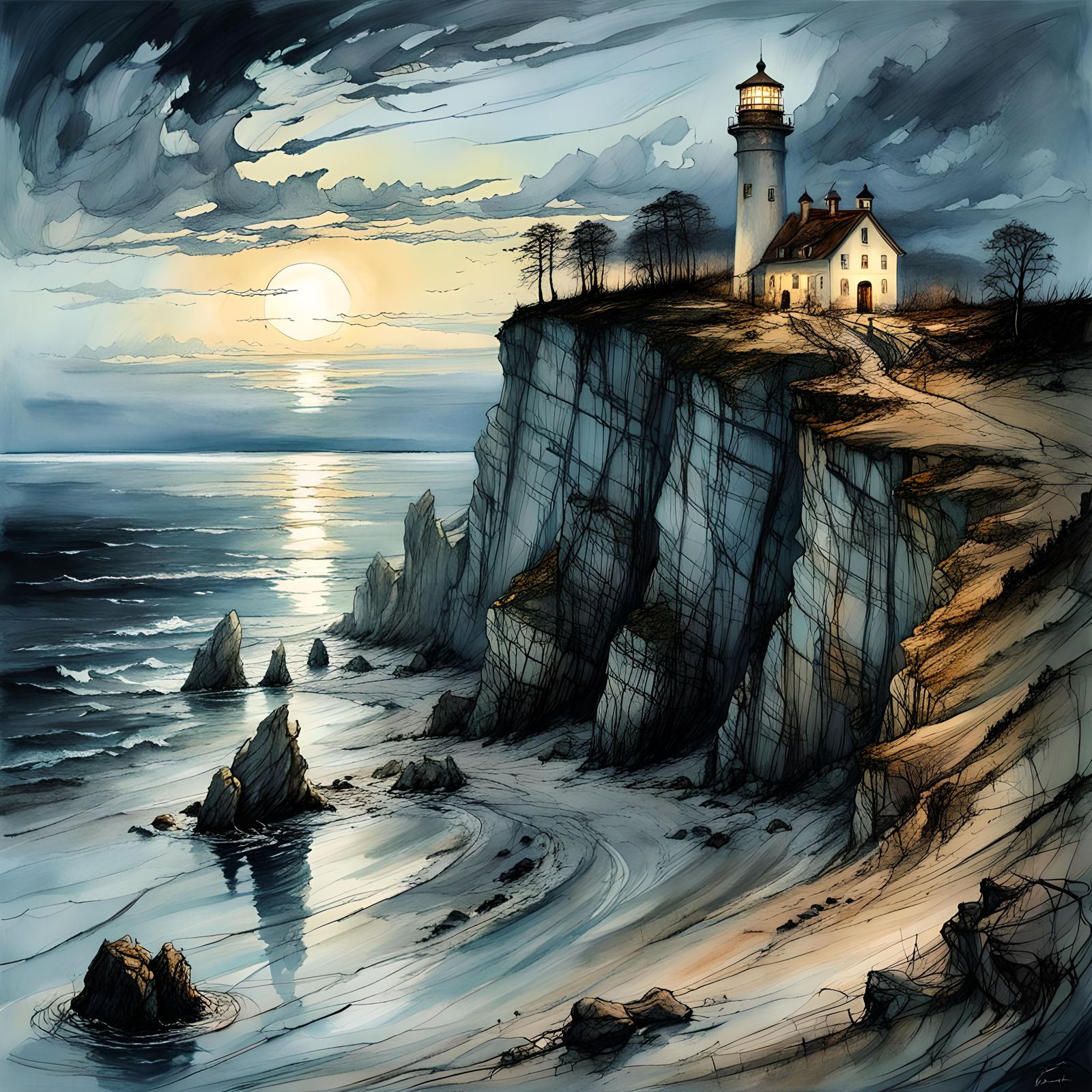 Dramatic Chalk Coast at Dusk With Lighthouse