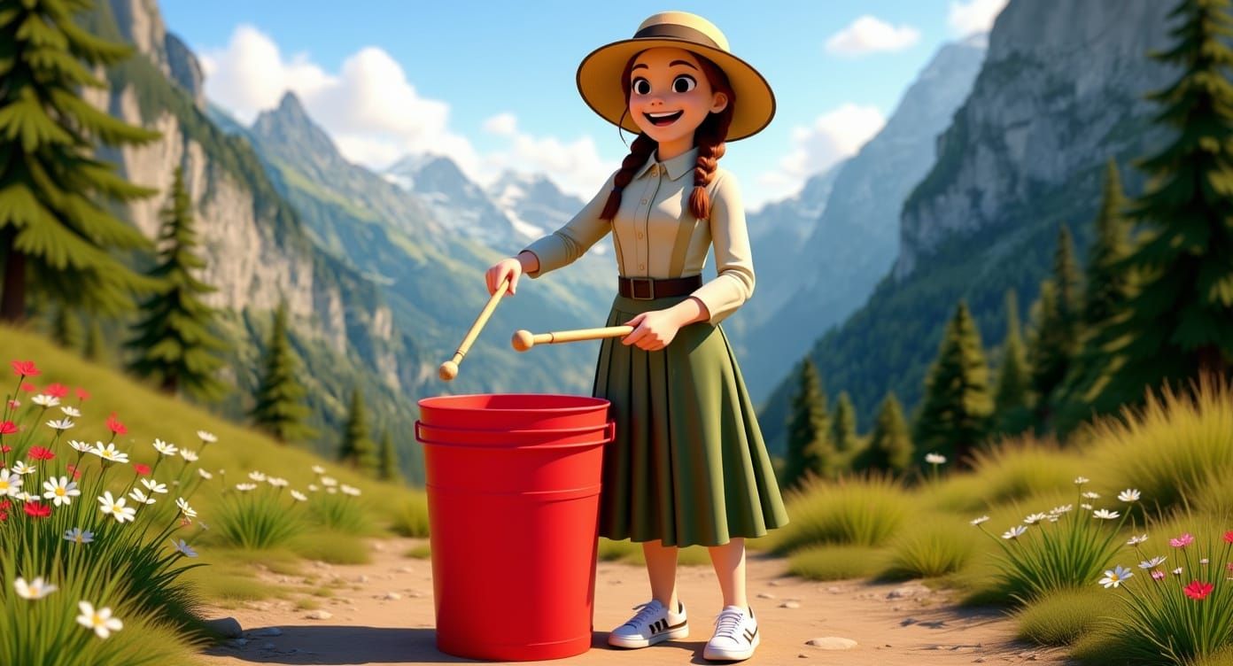 Cartoon Girl Drumming on Paint Bucket in 3D Style