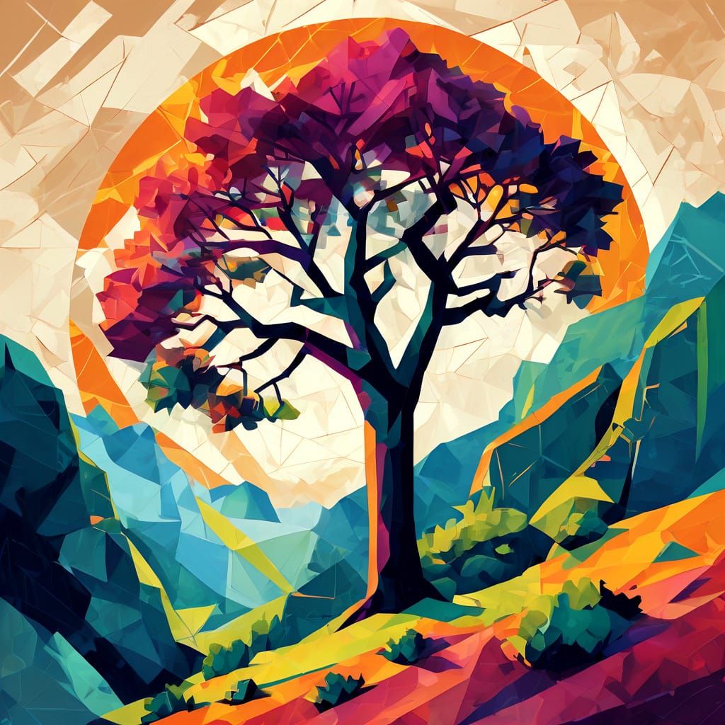 Surreal Landscape Painting in Neo-Cubist Style