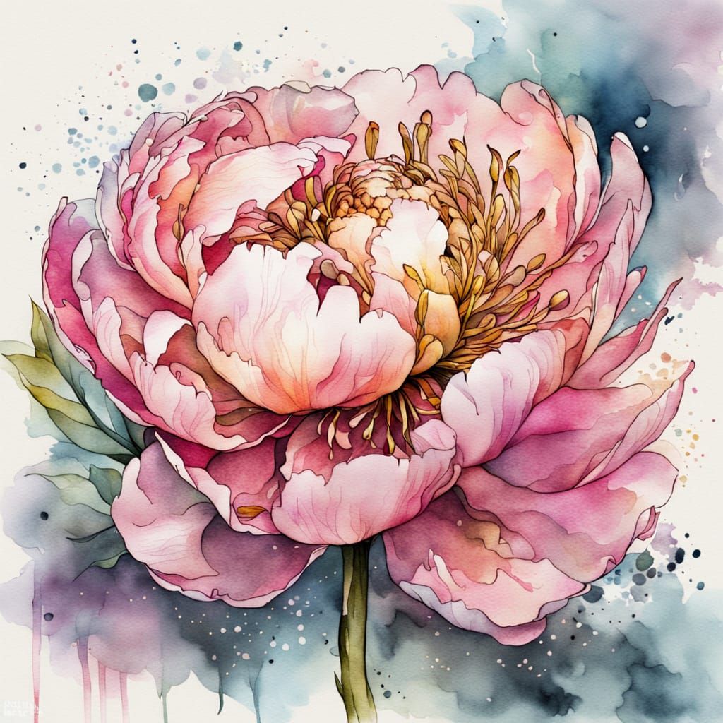 Pink Peony Flower in Watercolour and Ink