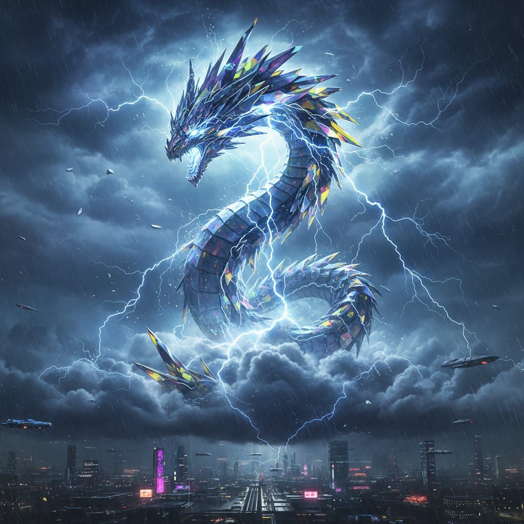 Electric Dragon Emerges from Storm, Futuristic Style