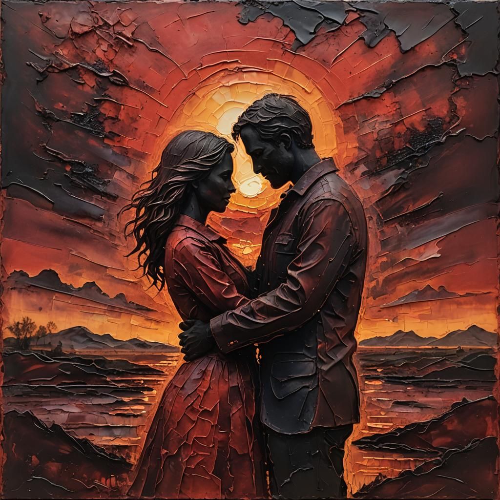 Passionate Couple Embracing in Red Sunset, Encaustic Impasto