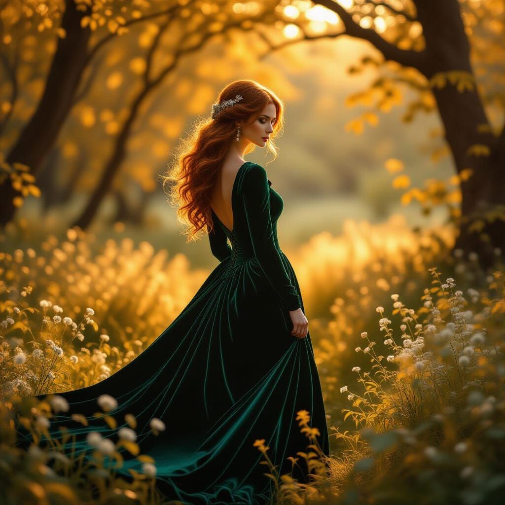 Woman in Emerald Gown in Sun-Dappled Forest