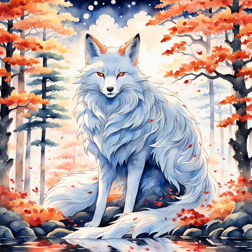 Kitsune Guard in Japanese Watercolor Forest
