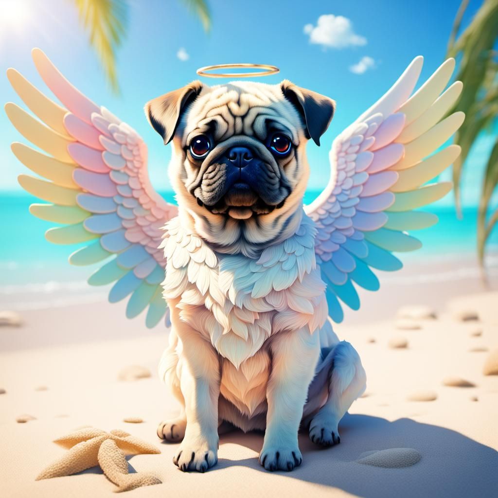 Pug with Angel Wings on Tropical Beach in Anime Style