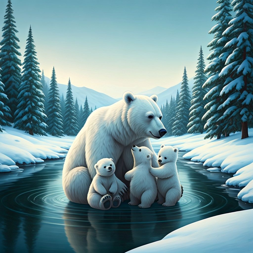 Cute White Bear Dad Playing with Cubs