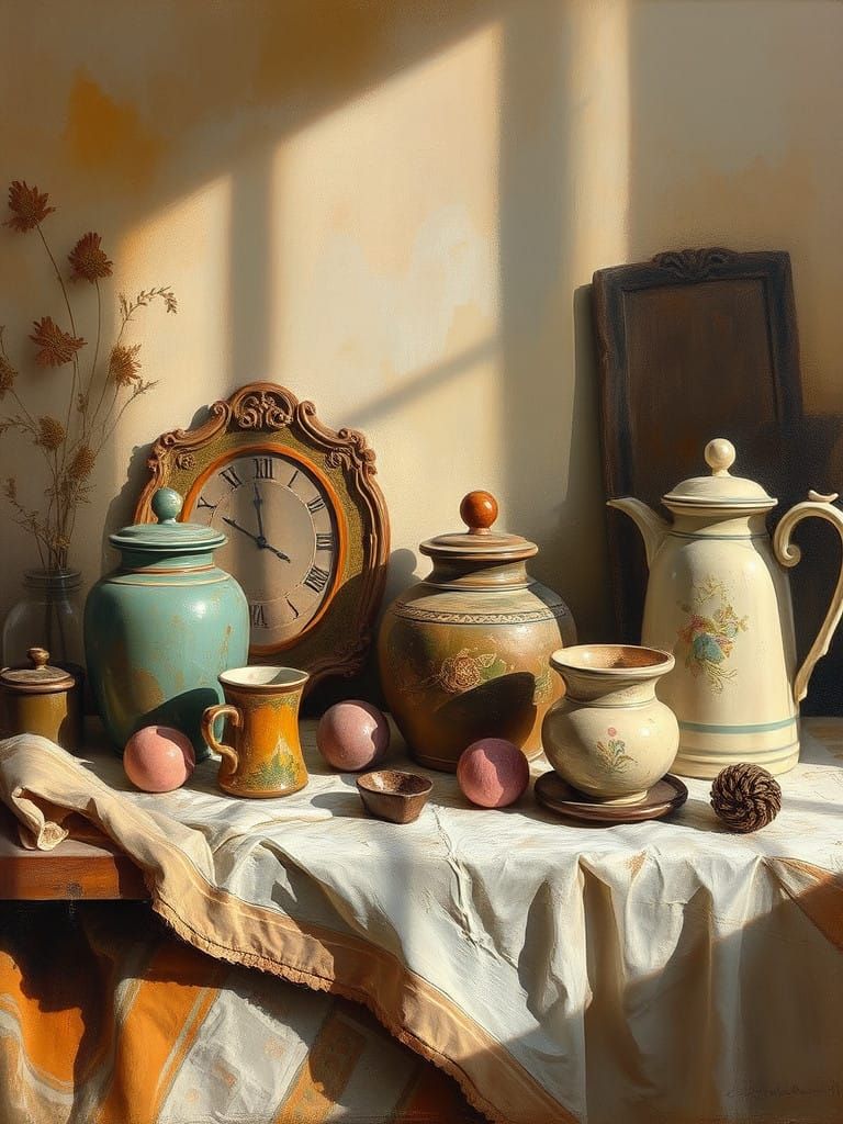 Whimsical Still Life of Antique Treasures in a Soft Golden G...