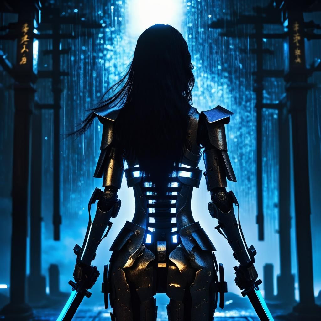 Cyborg Woman Silhouette with Katanas in Cyberpunk Style