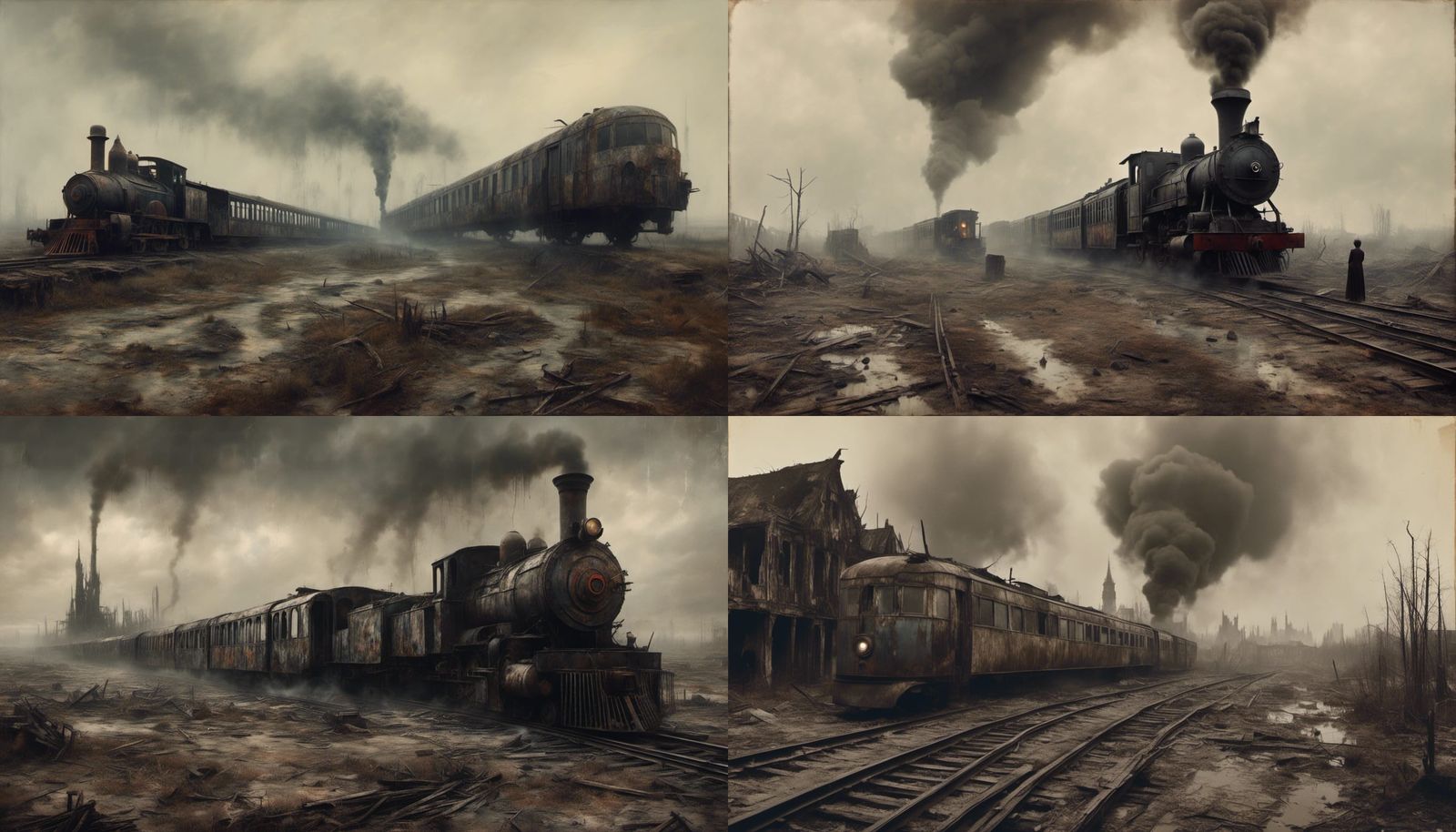 Steam Locomotive Monorail Across Wasteland in Macabre Style