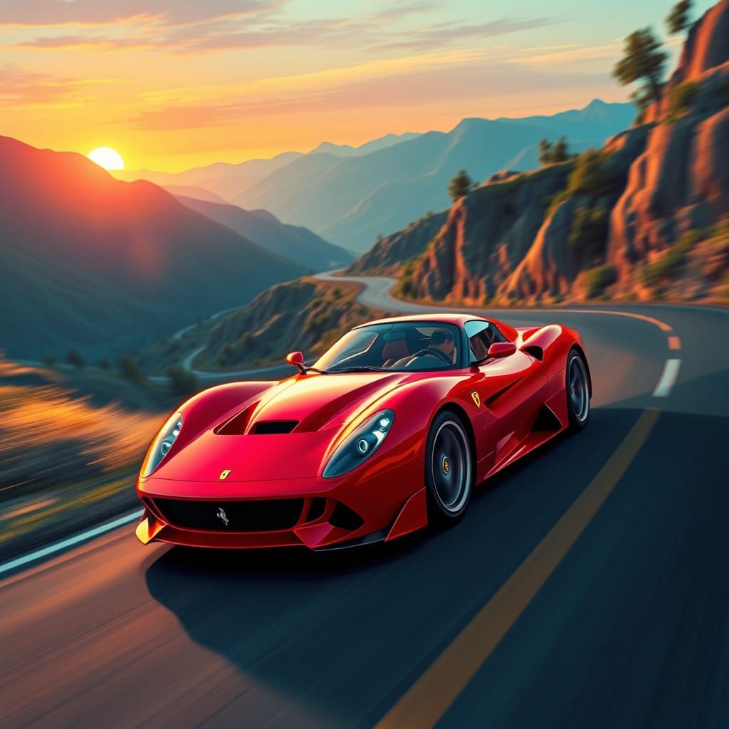Sleek Red Ferrari Speeds Down Sunset-Lit Mountain Road in Dy...