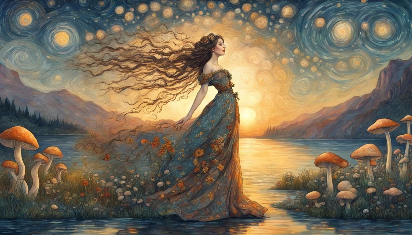 Woman Dancing in Lake: Klimt and Van Gogh Styles