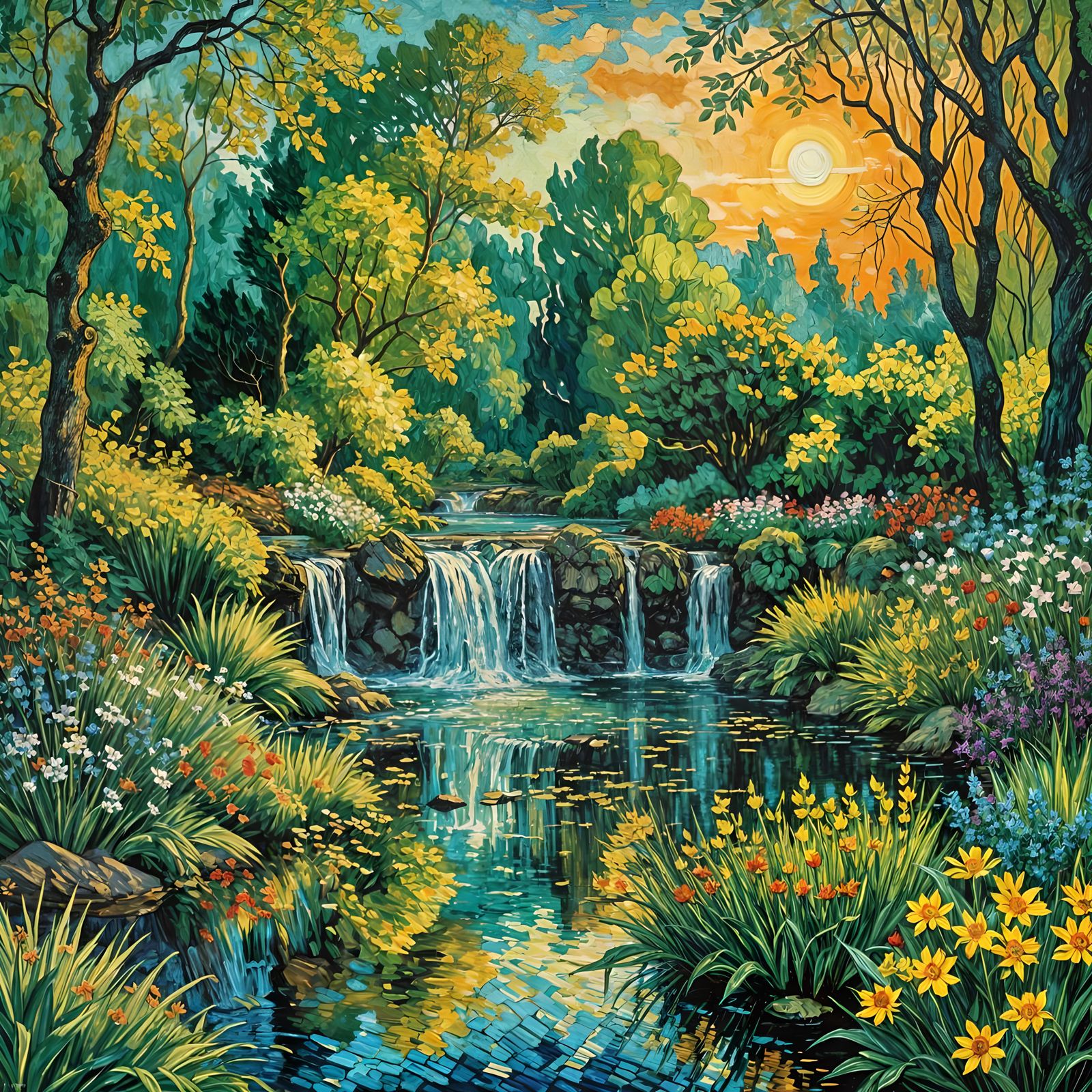 Impressionistic Waterfall Sunset Oil Painting