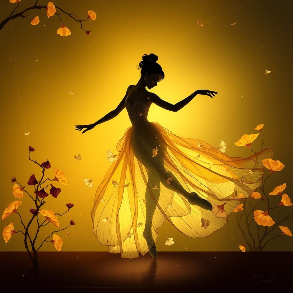 Luminescent Ballerina in Ginkgo Leaf Gown, Ethereal Digital ...