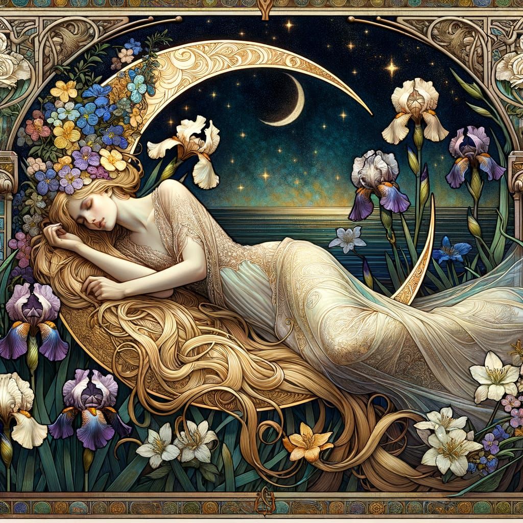 Art Nouveau Woman on Crescent Moon Over Starlit Lake