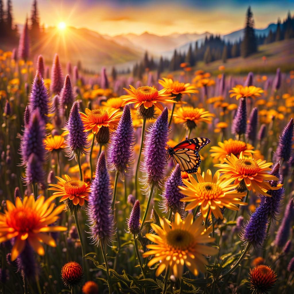 Pacific Northwest Meadow with Wildflowers and Butterflies