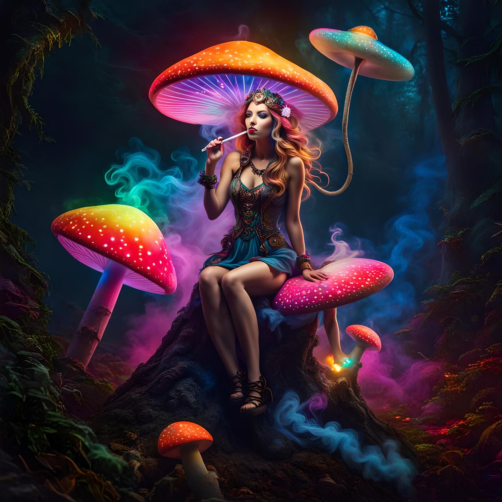 Fairy Smoking Hookah on Bioluminescent Mushroom