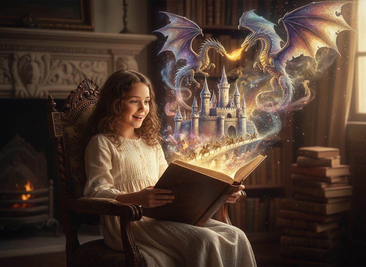 Amazed Girl Discovers Magical World from Book