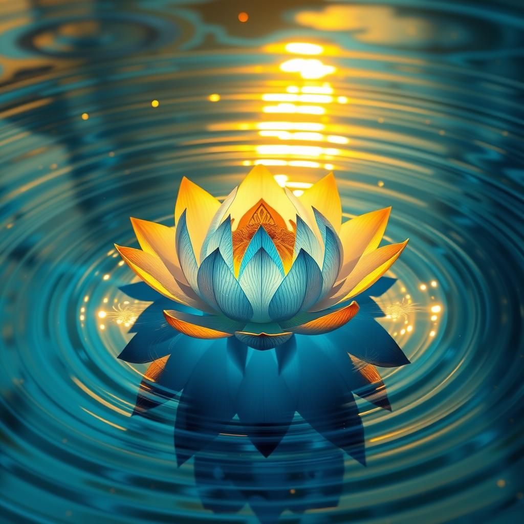 Golden lotus flower in the middle of radiating blue water