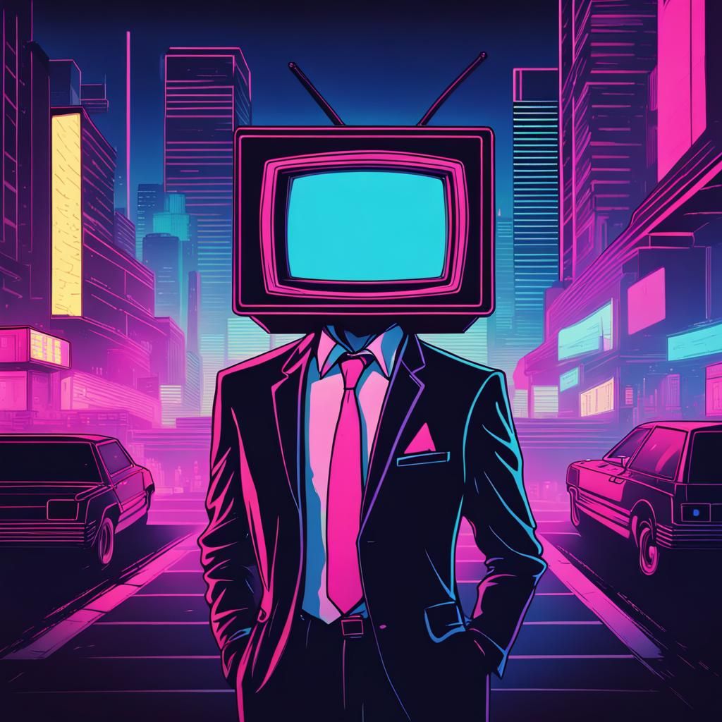 Neon Synthwave TV Head Figure in Cityscape