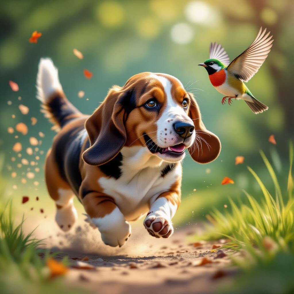 Basset Hound Chasing a Robin in Flight - Splash Art