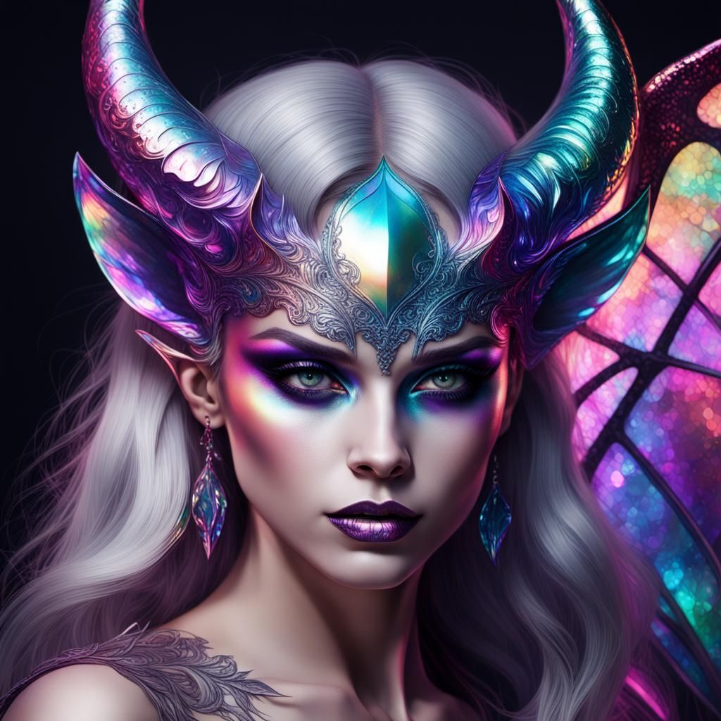 Iridescent Foil Demoness: Vivid Dreamy Portrait