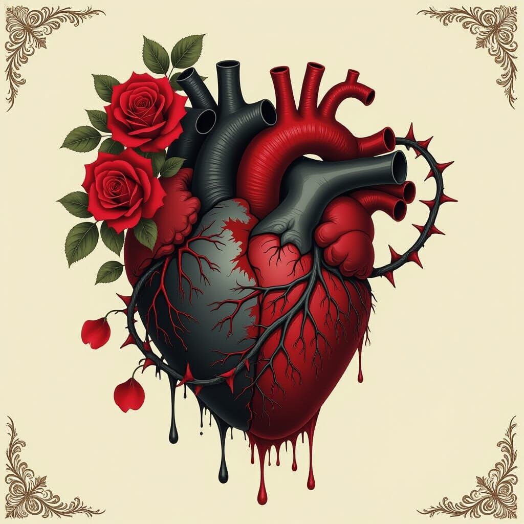 Split Heart Symbolizing Love and Pain in Dark Romantic Style