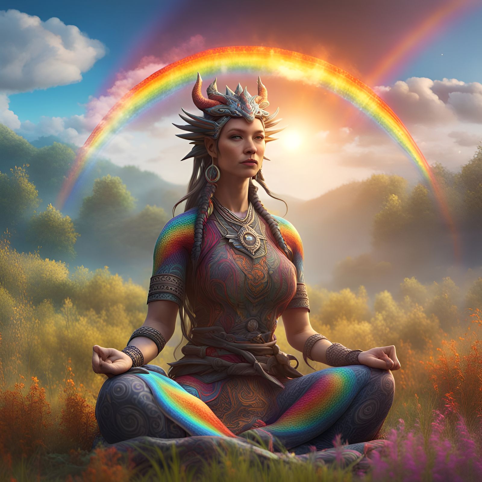 Rainbow Dragon Meditating Woman in Fantasy Meadow