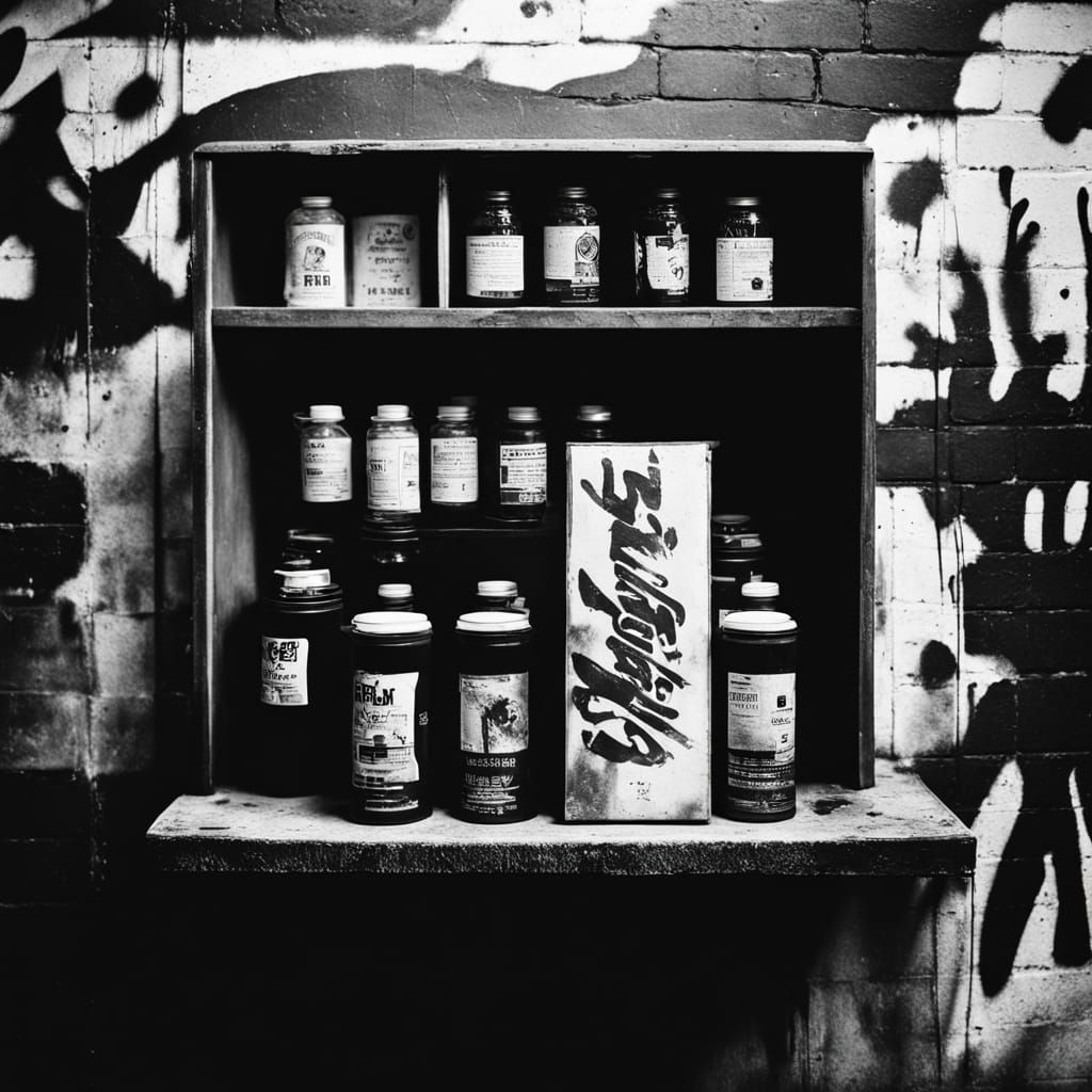 Black Oil Paint Splash on Coffee Shop Wall in Black and Whit...