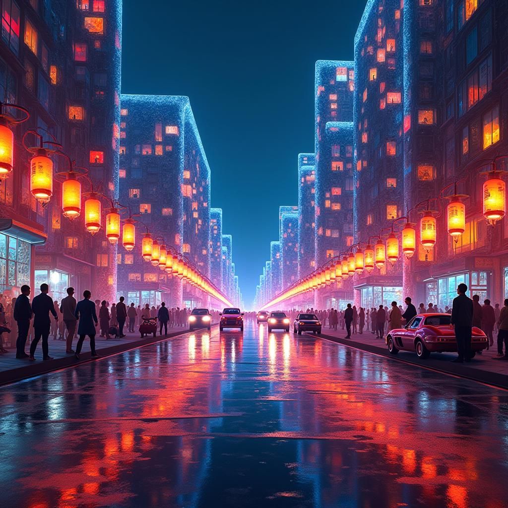 Luminescent City Street Scene in Hyperrealistic Style