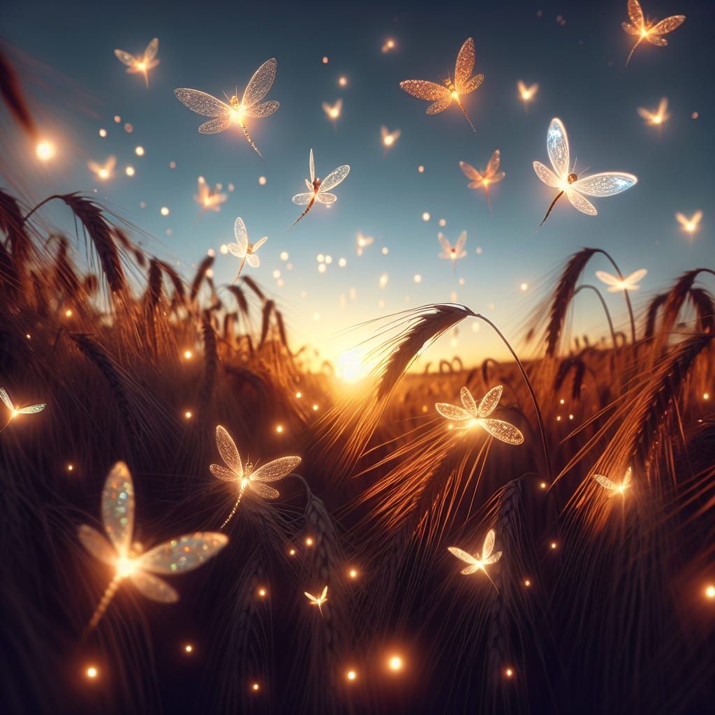 Magical Fairies Over Golden Wheat Fields at Dusk