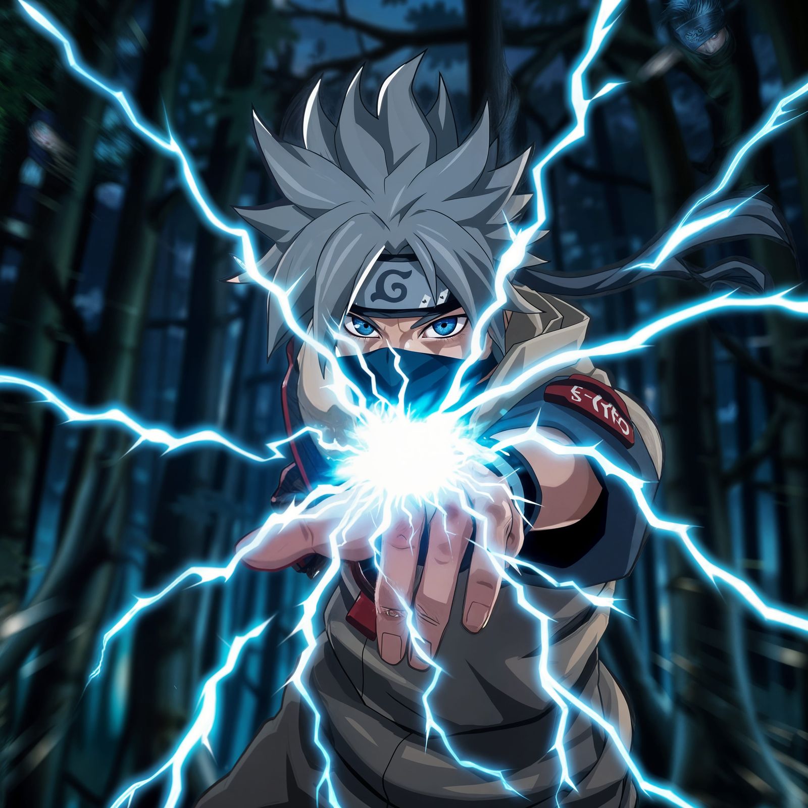 Ninja Master Kakashi Unleashes Chidori in Stormy Forest